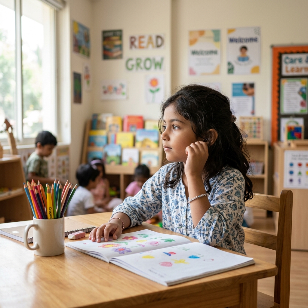 Young girl sitting thoughtfully at a desk