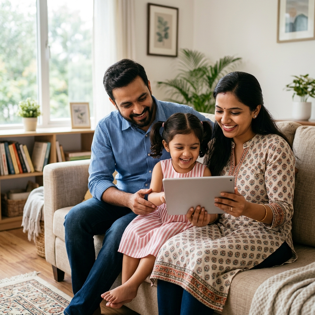 Happy Indian parents and their young daughter sitting on a couch, looking at a tablet together