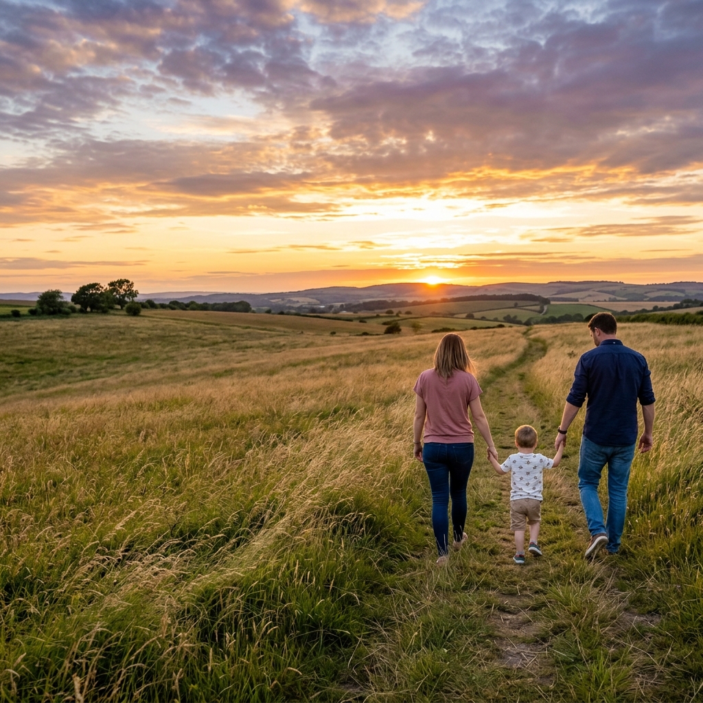 Family walking happily outdoors during sunset