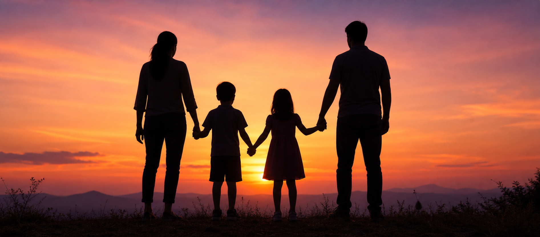 Family holding hands at sunset
